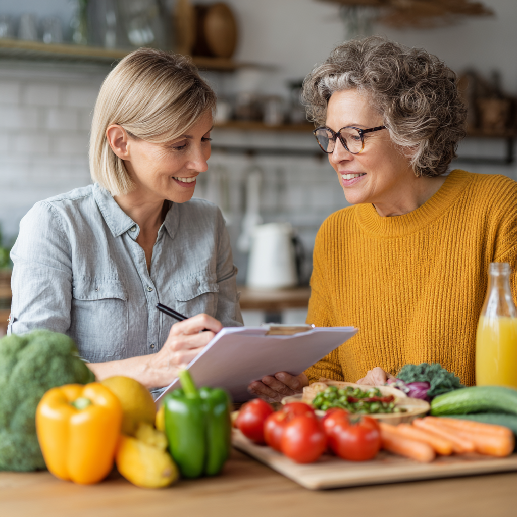 Middle-aged nutritionist consulting with adult client about healthy meal planning
