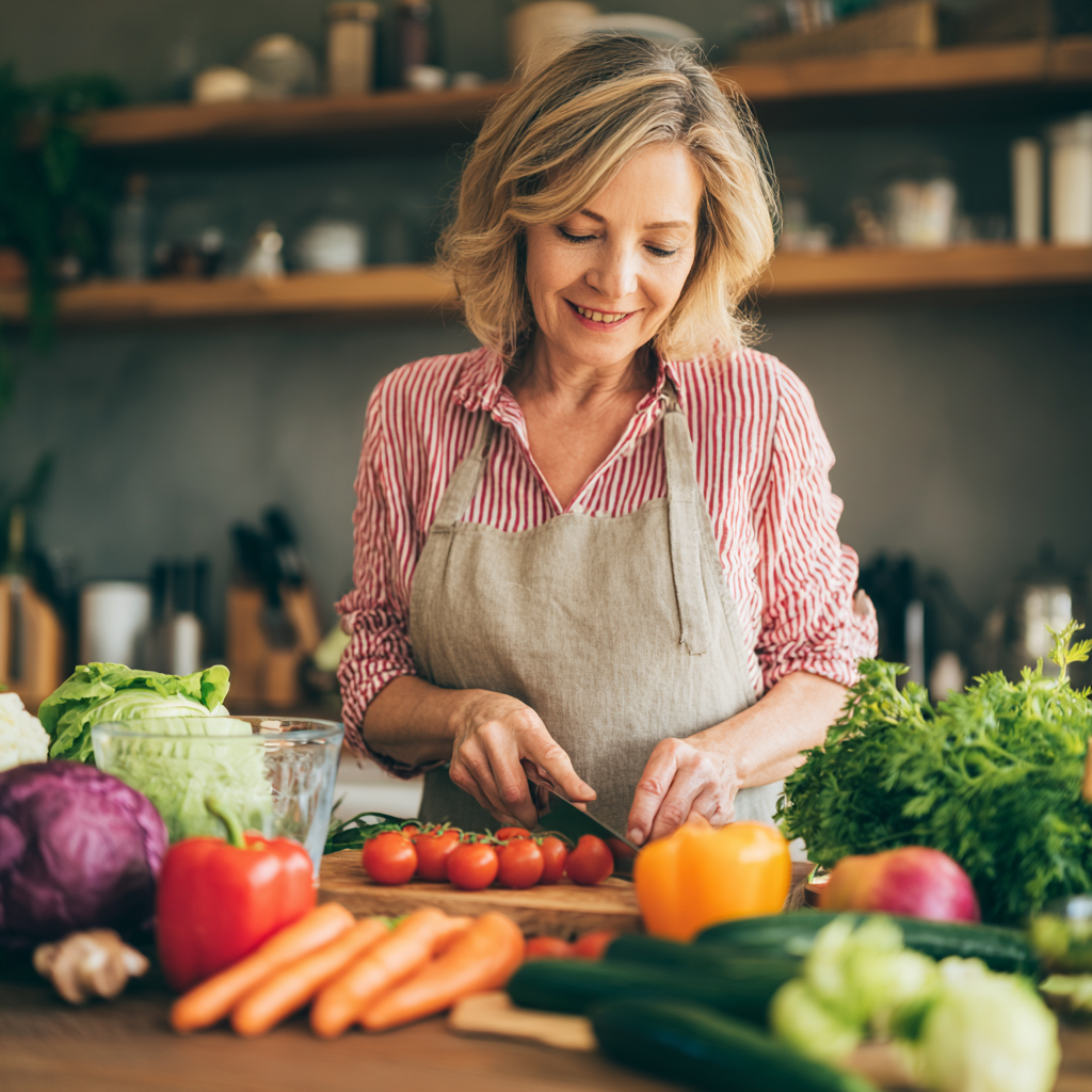 Satisfied middle-aged woman preparing healthy meal with fresh vegetables and fruits
